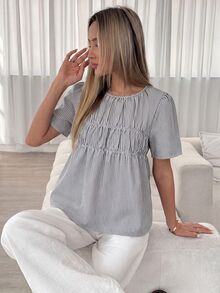 Easowa 女款圓領抓皺寬鬆A字娃娃衫短袖條紋梭織布料休閒慵懶優雅通勤復古風度假襯衫，春/夏 - 黑與白 - 查看 3