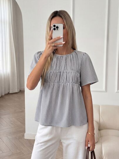 Easowa Round Neck Gathered Loose A-Line Doll Shirt Short Sleeve Striped Woven Fabric Casual Relaxed Elegant Commute Vintage Style Vacation Blouse For Women,