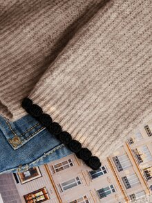 CosyJoli كنزة صوفية مقاس كبير كاجوال بتصميم كتل لونية وحافة سن كلب وياقة على شكل حرف V رسمية للمكتب رمادي خريف وشتاء - بني فاتح - مشاهدة 6