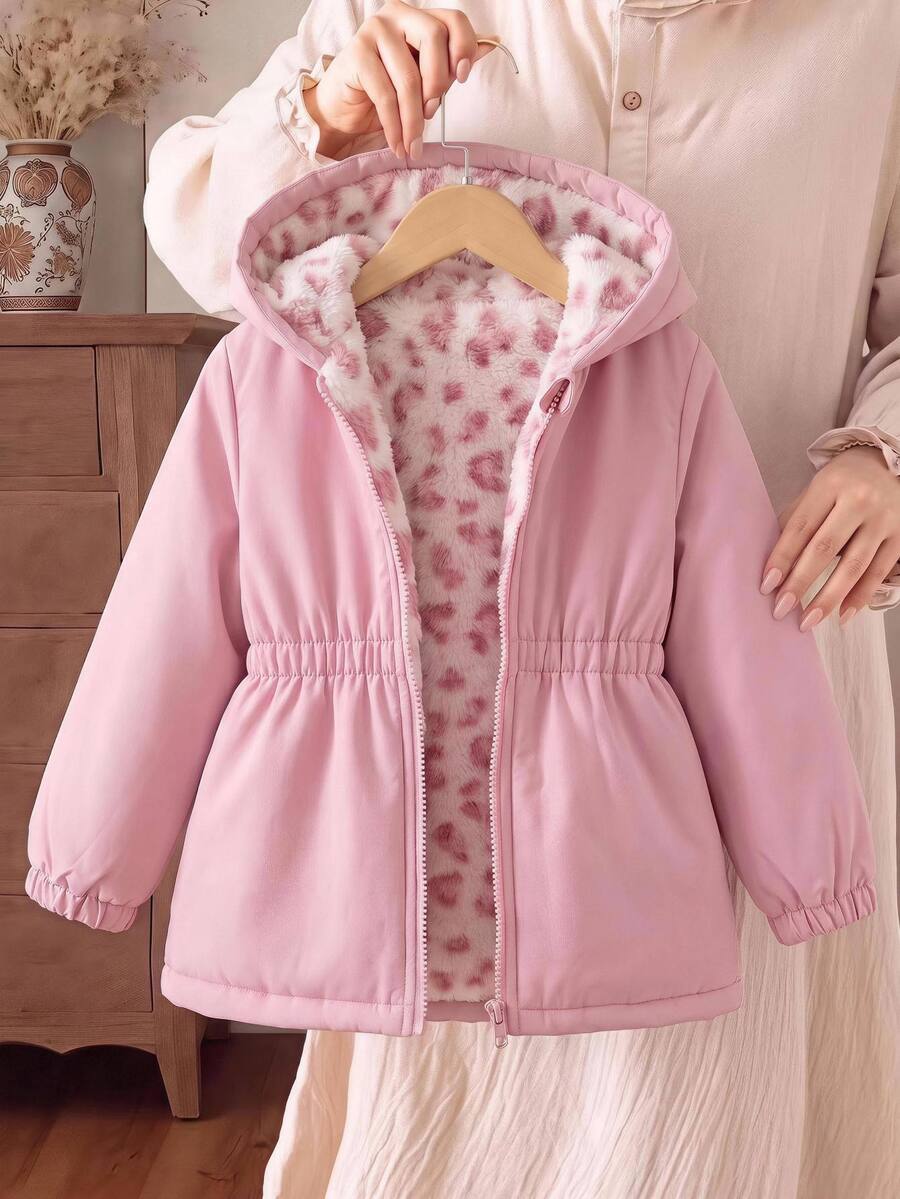 SHEIN 女嬰編織素色連帽拼接仿毛內裡休閒加厚外套 - 米色 - 查看 1