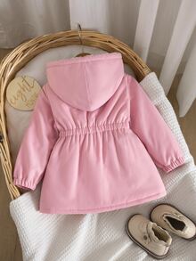 SHEIN 女嬰編織素色連帽拼接仿毛內裡休閒加厚外套 - 米色 - 查看 2