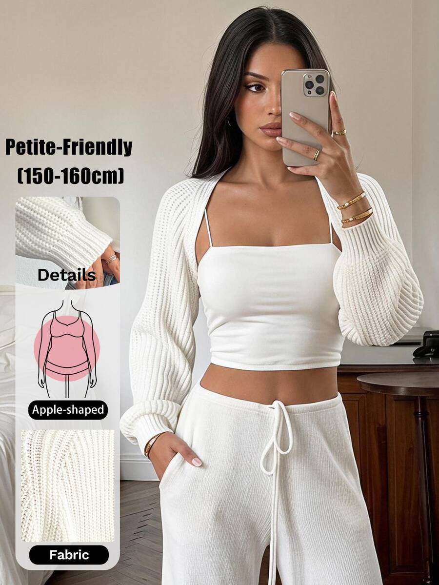 Vivamere Balletcore Ribbed Knit Raglan Sleeve Shrug Crop Cardigan Without Cami Top Knitted Sweater In Autumn Petite Women Back-To-School Everyday White Fall