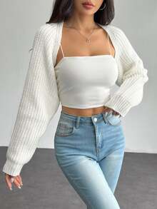 Vivamere Balletcore Ribbed Knit Raglan Sleeve Shrug Crop Cardigan Without Cami Top Knitted Sweater In Autumn Petite Women Back-To-School Everyday White Fall - White - View 7