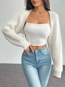 Vivamere Balletcore Ribbed Knit Raglan Sleeve Shrug Crop Cardigan Without Cami Top Knitted Sweater In Autumn Petite Women Back-To-School Everyday White Fall - White - View 10