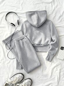 Tween Girl Dark Gray Kids Zip-Up Hoodie & Sweatpants Casual Set - Grey - View 2