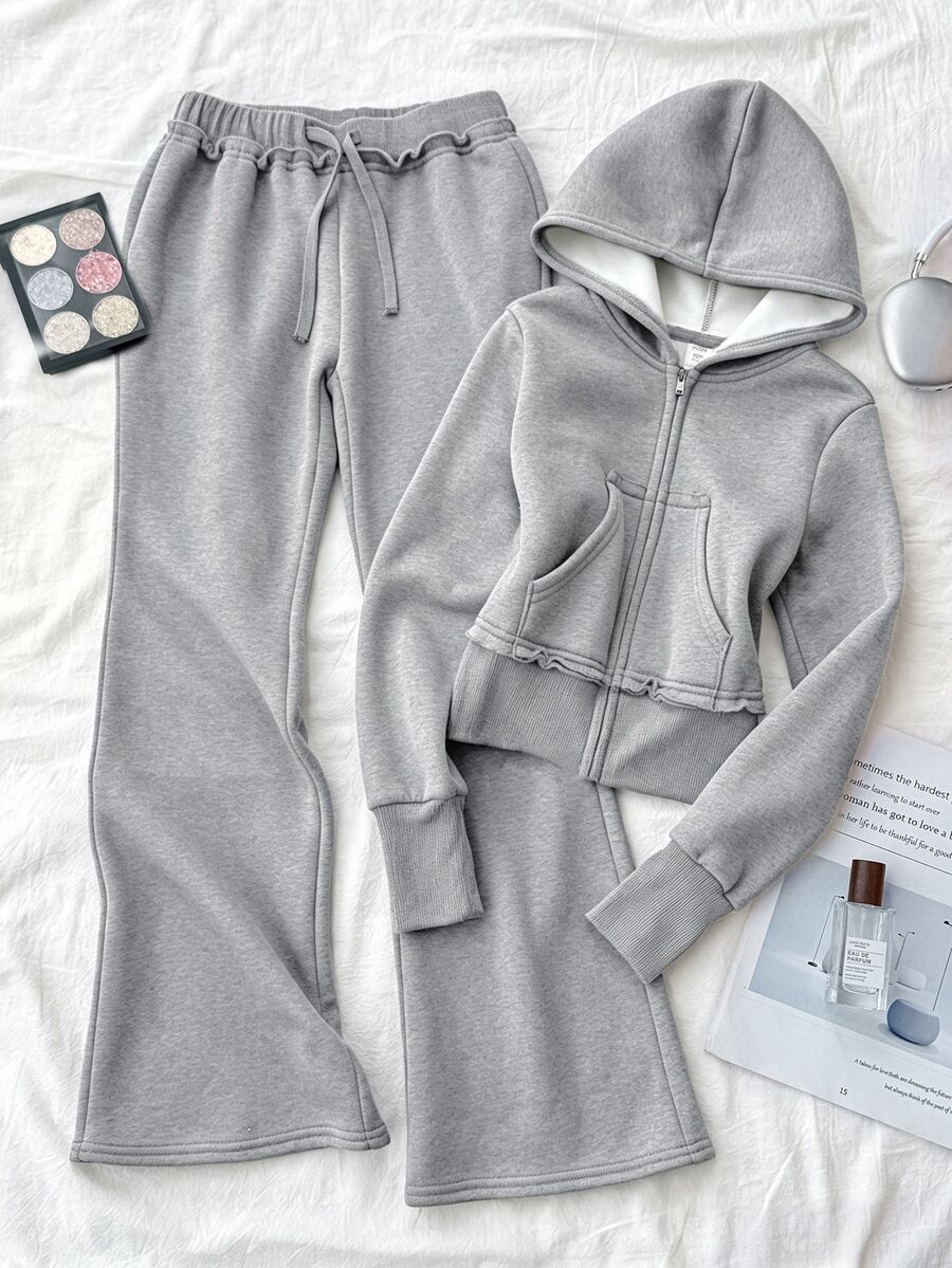 Tween Girl Dark Gray Kids Zip-Up Hoodie & Sweatpants Casual Set - Grey - View 1