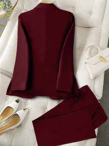 GlowEve CURVE Setelan Jas dan Celana Panjang Elegan Ukuran Plus untuk Komuter, Warna Polos, dengan Ikat Pinggang dan Model Wrap. - Burgundy - View 4
