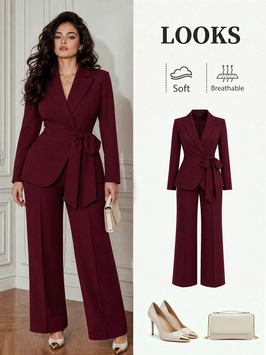 GlowEve CURVE Setelan Jas dan Celana Panjang Elegan Ukuran Plus untuk Komuter, Warna Polos, dengan Ikat Pinggang dan Model Wrap. - Burgundy - View 1