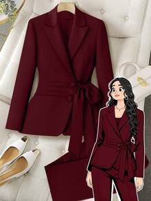 GlowEve CURVE Setelan Jas dan Celana Panjang Elegan Ukuran Plus untuk Komuter, Warna Polos, dengan Ikat Pinggang dan Model Wrap. - Burgundy - View 3