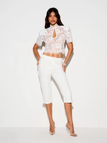 KIZN Floral Lace Crop Blouse With High Neck Keyhole Cut-Out And Puff Short Sleeves Sheer Elegant Summer Party Top - White - View 3