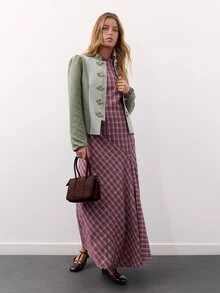 Nöista Burgundy Plaid Maxi Dress With Fitted Waist. Fall Winter, Formal Event, Wedding Guest, Christmas. - Purple - View 6