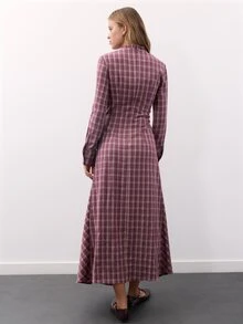Nöista Burgundy Plaid Maxi Dress With Fitted Waist. Fall Winter, Formal Event, Wedding Guest, Christmas. - Purple - View 4
