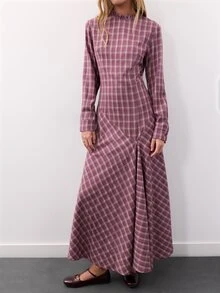 Nöista Burgundy Plaid Maxi Dress With Fitted Waist. Fall Winter, Formal Event, Wedding Guest, Christmas. - Purple - View 2