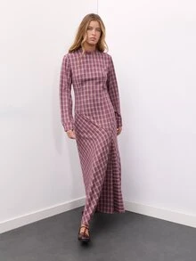 Nöista Burgundy Plaid Maxi Dress With Fitted Waist. Fall Winter, Formal Event, Wedding Guest, Christmas. - Purple - View 1