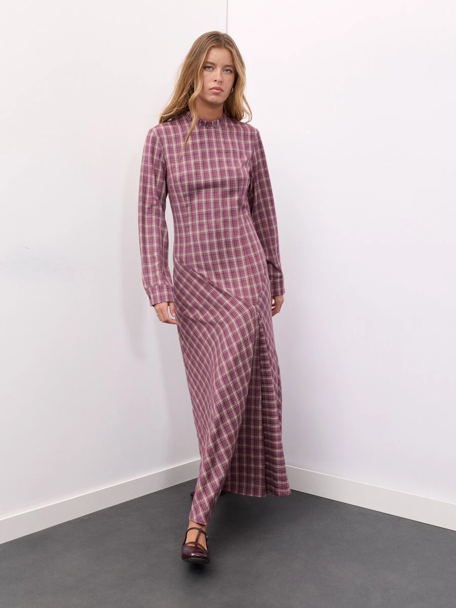 Nöista Burgundy Plaid Maxi Dress With Fitted Waist. Fall Winter, Formal Event, Wedding Guest, Christmas. - Purple - View 1