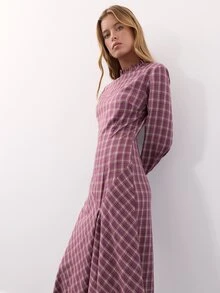 Nöista Burgundy Plaid Maxi Dress With Fitted Waist. Fall Winter, Formal Event, Wedding Guest, Christmas. - Purple - View 3