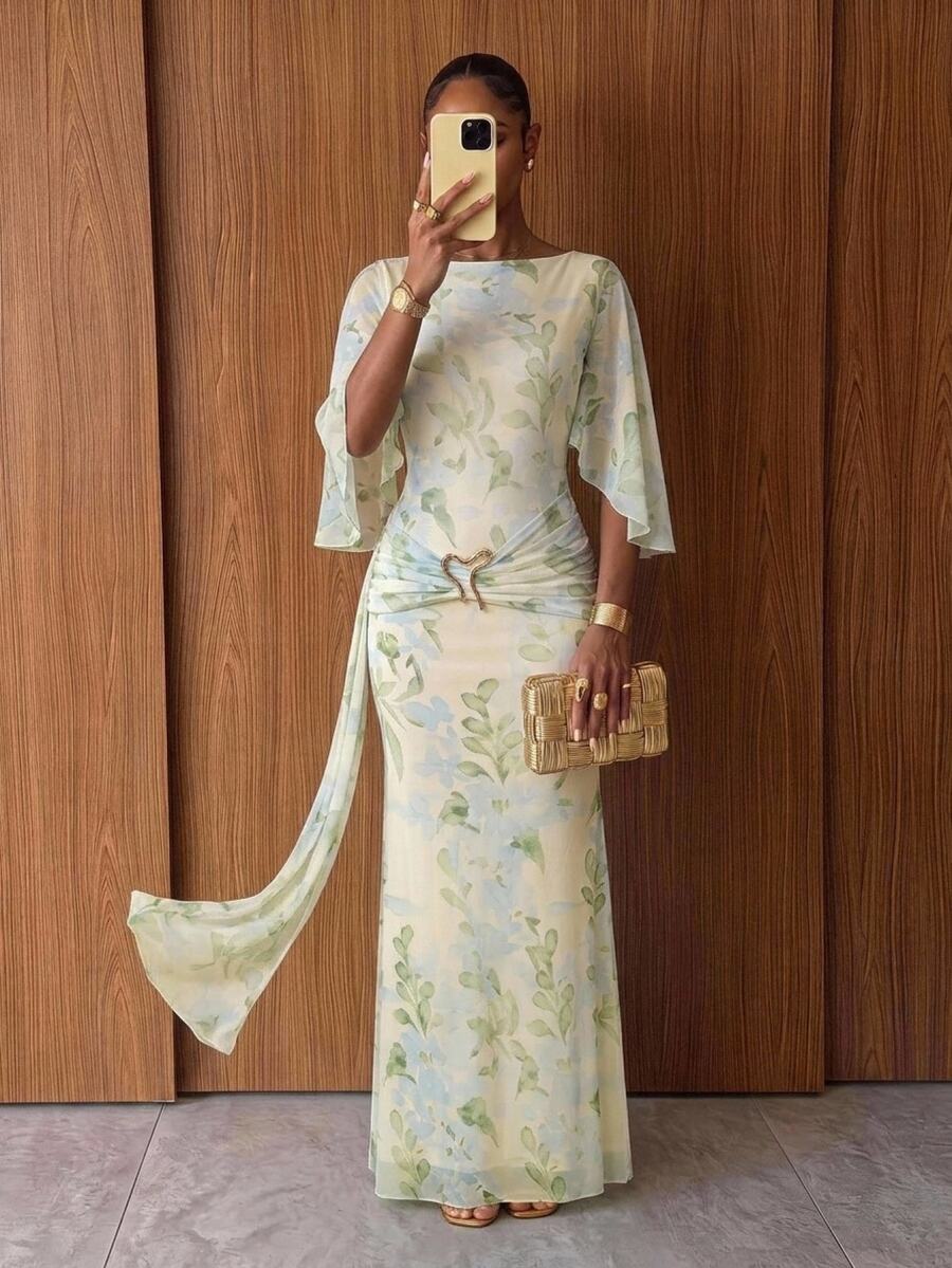 Lumalex Elegant Mint Floral Mesh Goddess Maxi Dress With Cape Sleeves,Ruched Waist & Gold Heart Hardware,Summer Tropical Cocktail Formal Evening Gown,Wedding