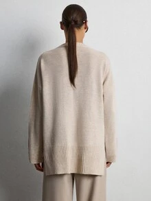CLARA VERO Women's Solid Color Loose Fit Drop-Shoulde Button Detail Sweater Office Beige Autumn Casual - Apricot - View 2