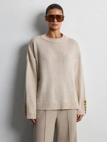 CLARA VERO Women's Solid Color Loose Fit Drop-Shoulde Button Detail Sweater Office Beige Autumn Casual - Apricot - View 4