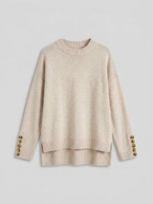 CLARA VERO Women's Solid Color Loose Fit Drop-Shoulde Button Detail Sweater Office Beige Autumn Casual - Apricot - View 3