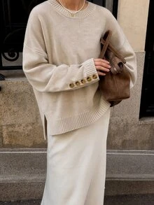 CLARA VERO Women's Solid Color Loose Fit Drop-Shoulde Button Detail Sweater Office Beige Autumn Casual - Apricot - View 1