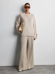 CLARA VERO Women's Solid Color Loose Fit Drop-Shoulde Button Detail Sweater Office Beige Autumn Casual - Apricot - View 6