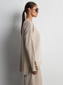 CLARA VERO Women's Solid Color Loose Fit Drop-Shoulde Button Detail Sweater Office Beige Autumn Casual - Apricot - View 7