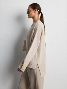 CLARA VERO Women's Solid Color Loose Fit Drop-Shoulde Button Detail Sweater Office Beige Autumn Casual - Apricot - View 5