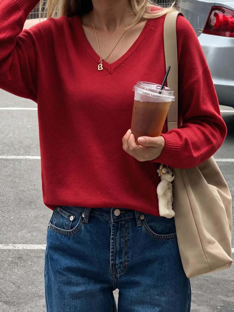 SHEIN Scarlet Red Deep V-Neck Relaxed Fit Lightweight Fine Knit Sweater With Soft Drape And Clean Minimal Finish - Red - View 1