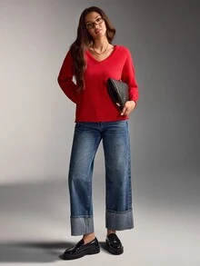 SHEIN Scarlet Red Deep V-Neck Relaxed Fit Lightweight Fine Knit Sweater With Soft Drape And Clean Minimal Finish - Red - View 5