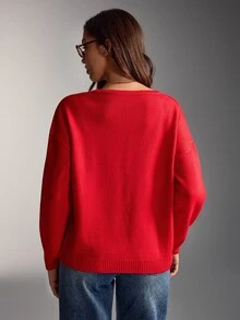 SHEIN Scarlet Red Deep V-Neck Relaxed Fit Lightweight Fine Knit Sweater With Soft Drape And Clean Minimal Finish - Red - View 2