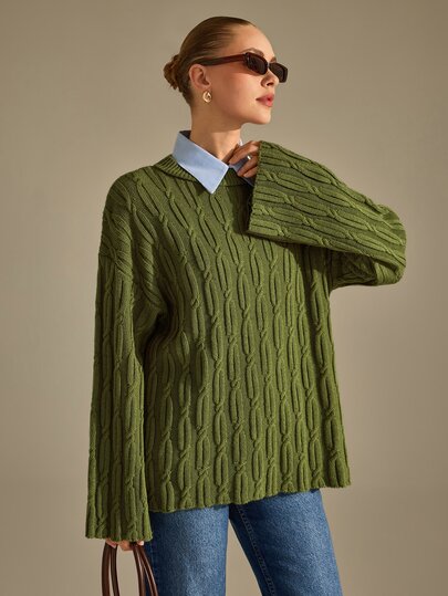 CLARA VERO Pull surdimensionné vert à torsades avec manches larges, coupe décontractée, idéal pour les promenades d'automne en plein air