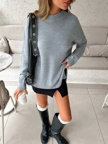 Pariaura Women High Neck Cropped Warm Knit Sweater Pullover With Button Sleeve - Grey - View 4