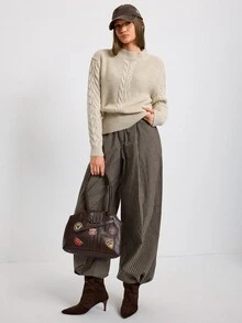 SHEIN Cropped Cable-Knit Mock Neck Sweater With Ribbed Waistband, Textured Sleeves, Soft Ivory Tone, Vintage Preppy Cozy Fit, Autumn Winter 2025–2026 Layering Essential - Beige - View 7