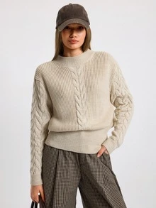 SHEIN Cropped Cable-Knit Mock Neck Sweater With Ribbed Waistband, Textured Sleeves, Soft Ivory Tone, Vintage Preppy Cozy Fit, Autumn Winter 2025–2026 Layering Essential - Beige - View 5