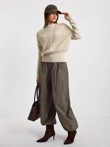 SHEIN Cropped Cable-Knit Mock Neck Sweater With Ribbed Waistband, Textured Sleeves, Soft Ivory Tone, Vintage Preppy Cozy Fit, Autumn Winter 2025–2026 Layering Essential - Beige - View 8