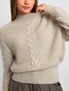 SHEIN Cropped Cable-Knit Mock Neck Sweater With Ribbed Waistband, Textured Sleeves, Soft Ivory Tone, Vintage Preppy Cozy Fit, Autumn Winter 2025–2026 Layering Essential - Beige - View 9