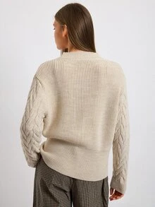 SHEIN Cropped Cable-Knit Mock Neck Sweater With Ribbed Waistband, Textured Sleeves, Soft Ivory Tone, Vintage Preppy Cozy Fit, Autumn Winter 2025–2026 Layering Essential - Beige - View 4