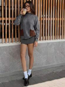 SHEIN WOMEN'S WEAR Dual Tone High Neck Knit Sweater With Patch Pockets - Grey - View 4