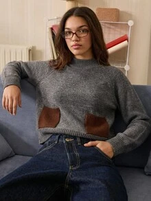 SHEIN WOMEN'S WEAR Dual Tone High Neck Knit Sweater With Patch Pockets - Grey - View 7