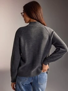 SHEIN WOMEN'S WEAR Dual Tone High Neck Knit Sweater With Patch Pockets - Grey - View 2