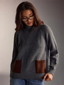 SHEIN WOMEN'S WEAR Dual Tone High Neck Knit Sweater With Patch Pockets - Grey - View 6
