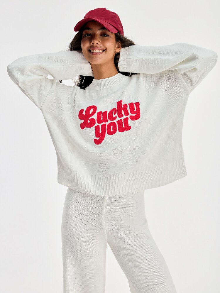 SHEIN Women Round Neck Sweater And Sweater Pant 2pcs Co-Ord Set Print Detailed - White - View 3