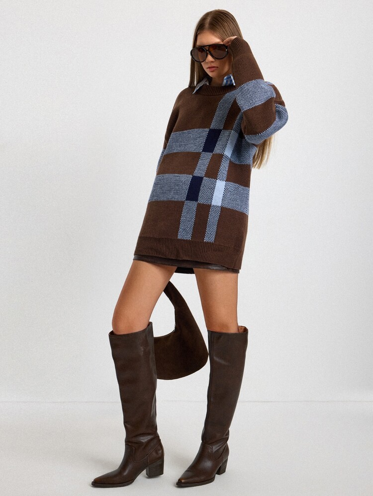 SHEIN Brown & Dusty Blue Colorblock Plaid Knit Sweater, Chunky Ribbed Texture, Crew Neck Long Sleeve Pullover, Oversized Relaxed Fit, Soft Cozy Winter Essential, Geometric Patchwork Pattern, Casual Streetwear Knit Top Sweater - Brown - View 8