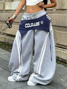 Coolane 女款街頭風返校學院風休閒舒適灰色彈性腰帶圓弧下擺長褲 - 灰色 - 查看 4