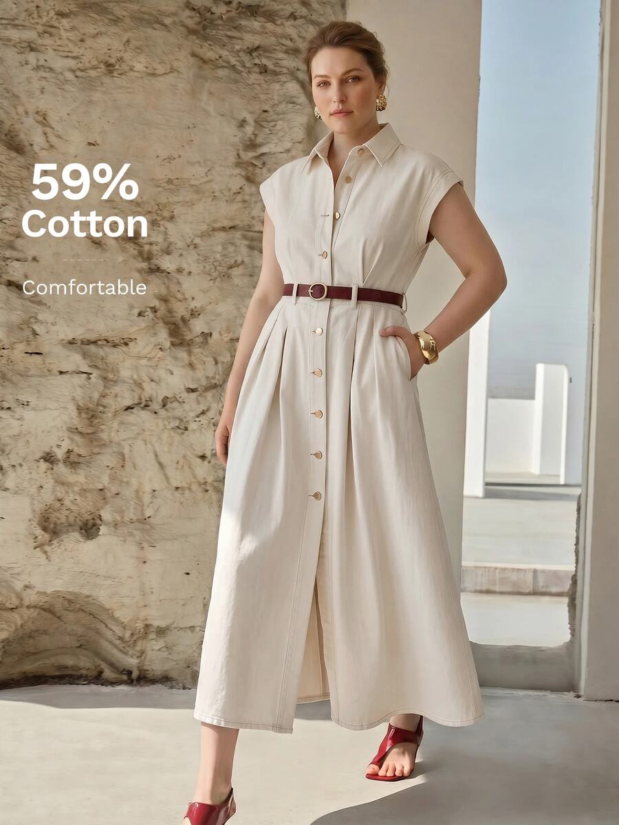 MOTF PREMIUM PLUS SIZE WOMEN'S SPRING/SUMMER CASUAL DATE CAP SLEEVE DENIM DRESS WITHOUT BELT - White - View 1