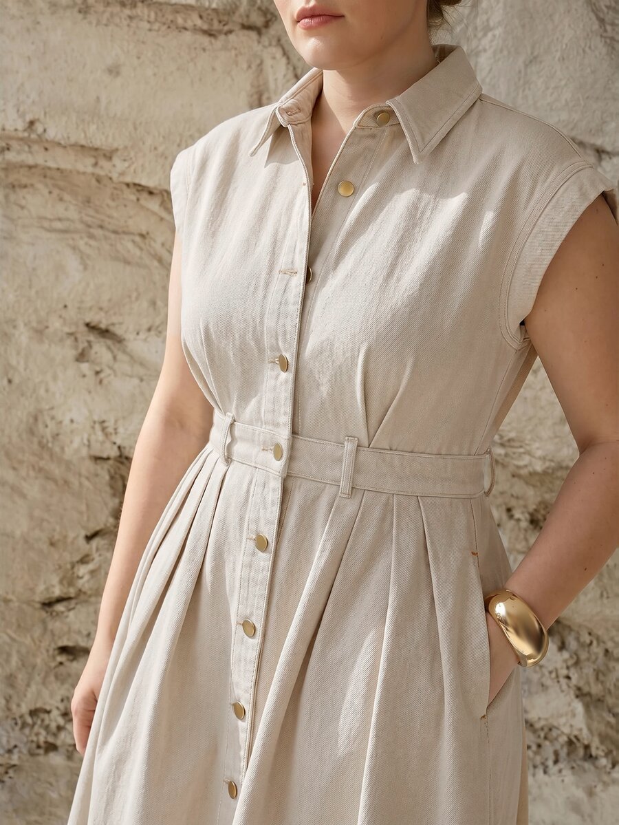MOTF PREMIUM PLUS SIZE WOMEN'S SPRING/SUMMER CASUAL DATE CAP SLEEVE DENIM DRESS WITHOUT BELT - White - View 2