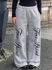 SHEIN Tween女孩寬鬆休閒甜美可愛百搭蝴蝶結蕾絲飾邊針織運動長褲，街頭風秋季服飾，萬聖節校園穿搭 - 淺灰色 - 查看 5