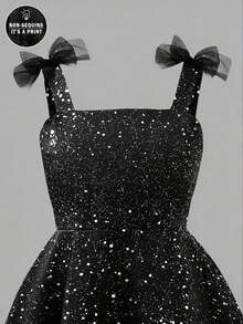 SHEIN Tween Girls Ruched Elegant Black And Silver Glitter A-Line Mesh Slip Mini Dress, Graduation, Outfit - Black - View 7