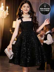 SHEIN Tween Girls Ruched Elegant Black And Silver Glitter A-Line Mesh Slip Mini Dress, Graduation, Outfit - Black - View 2